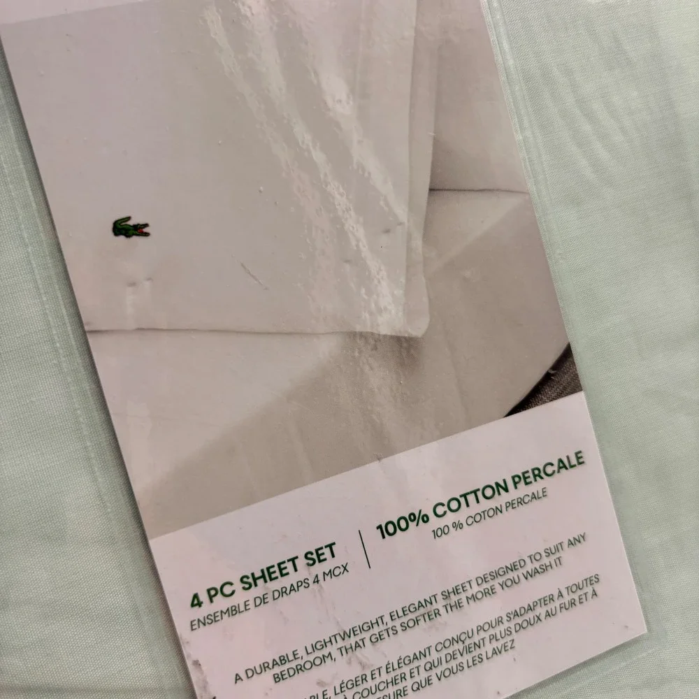 Lacoste Queen Sheet Set 4pc 100% Cotton Percale Pale Aqua Green New